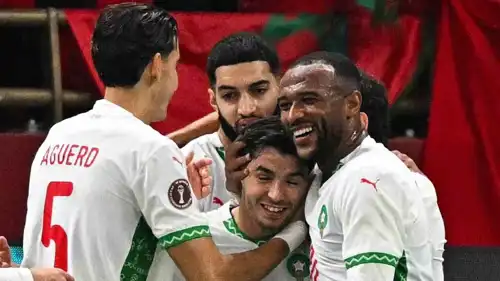 احتفال لاعبي منتخب المغرب بهدف إبراهيم دياز