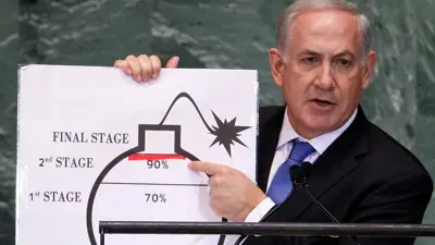 نتنياهو يشير إلى صورة قنبلة تستخدم لتمثيل البرنامج النووي الإيراني