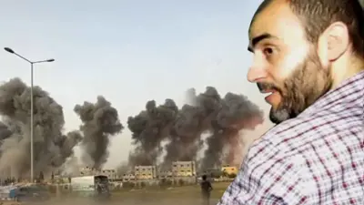 محمد السنوار وفي الصورة الغارات التي استهدفته في خان يونس