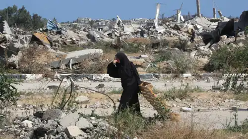 امرأة فلسطينية نازحة تشرب الماء وهي تنقل قطعة خشب وسط قطاع غزة