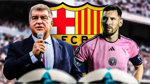 خوان لابورتا رئيس برشلونة وليونيل ميسي قائد إنتر ميامي