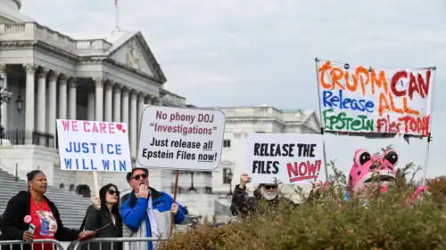 يقف متظاهرون يطالبون بالإفراج عن ملفات إبستين، على تلة الكابيتول في واشنطن العاصمة، الولايات المتحدة