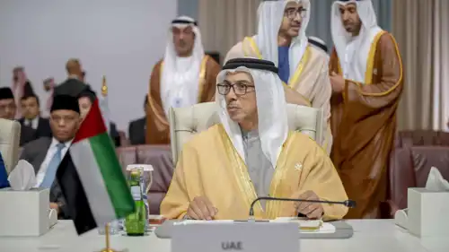 نائب رئيس دولة الإمارات الشيخ منصور بن زايد خلال القمة العربية الإسلامية الطارئة